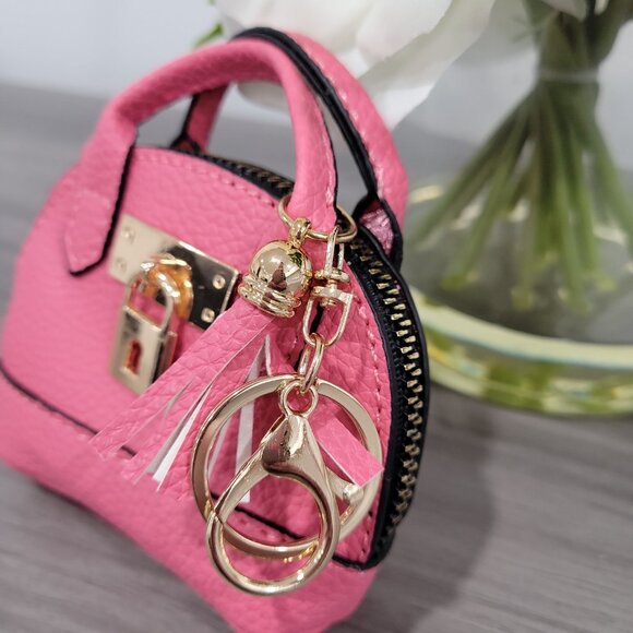 Cute Mini Faux Leather Coin Purse Keychain Small Zipper Bag Charm Hot Pink - Picture 4 of 5
